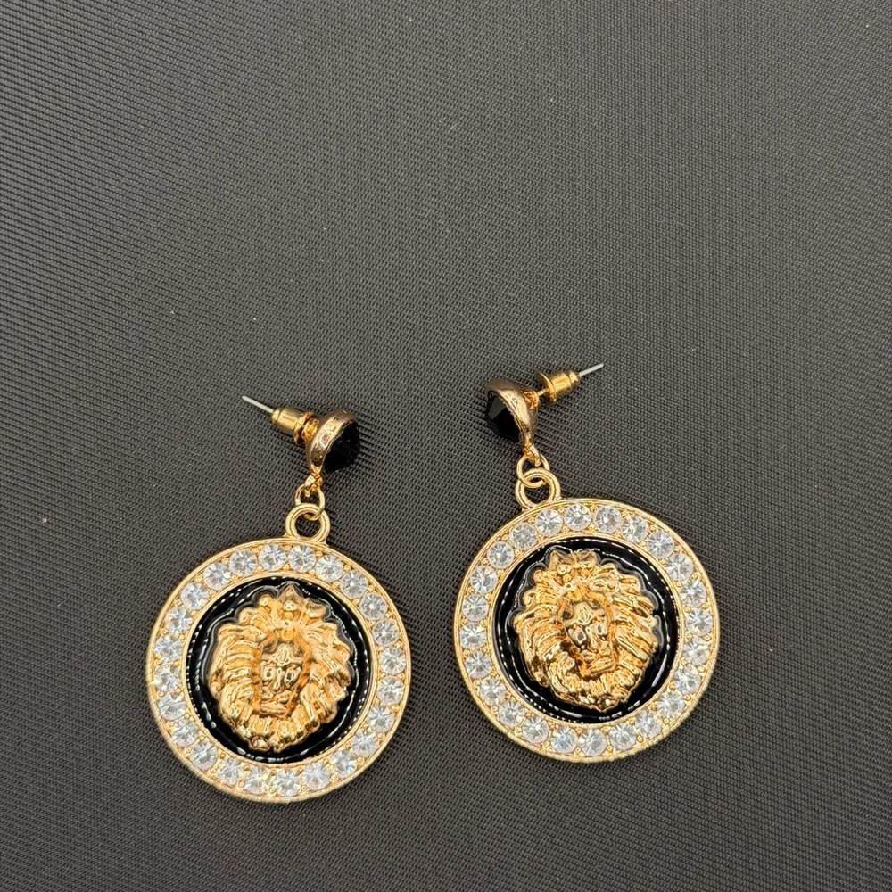 Gold and Black Lion Medallion Earrings